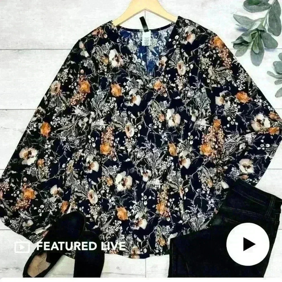 Navy floral long sleeve blouse #49 - Picture 1 of 2